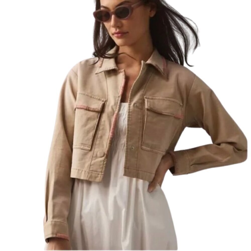 Women's L Pilcro Anthropologie Cropped Utility Jacket Khaki Cotton